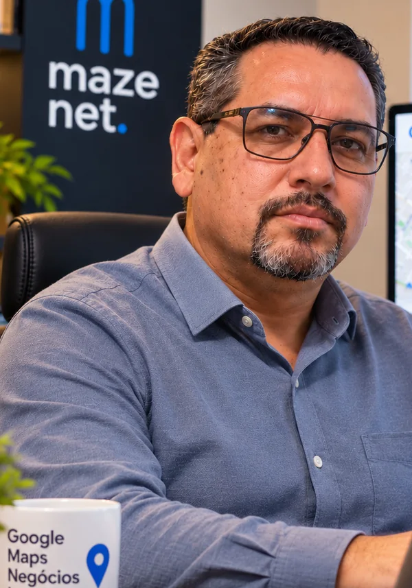 Responsável pelo atendimento da Maze Net em seu escritório, com camisa azul e óculos.