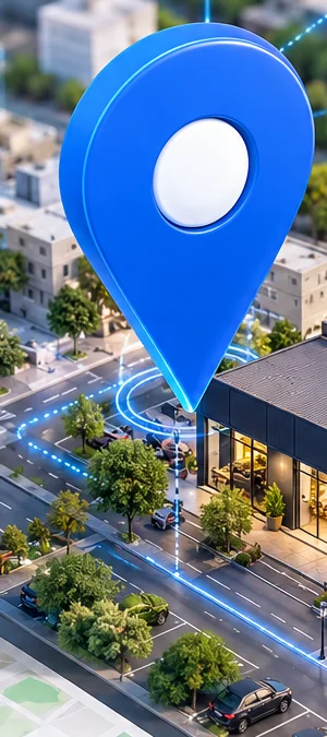 Ilustração conceitual de um marcador azul sobre uma cidade e um estabelecimento comercial.