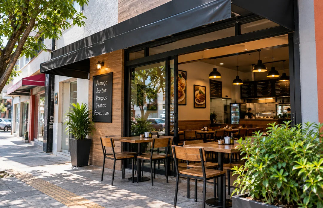 Fachada de restaurante com mesas na calçada, toldo escuro e plantas junto à entrada.